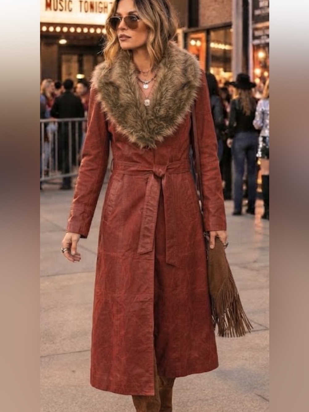 Vintage 70s Cosa Nova burgundy ox blood Leather Penny Lane Coat Fur Collar M